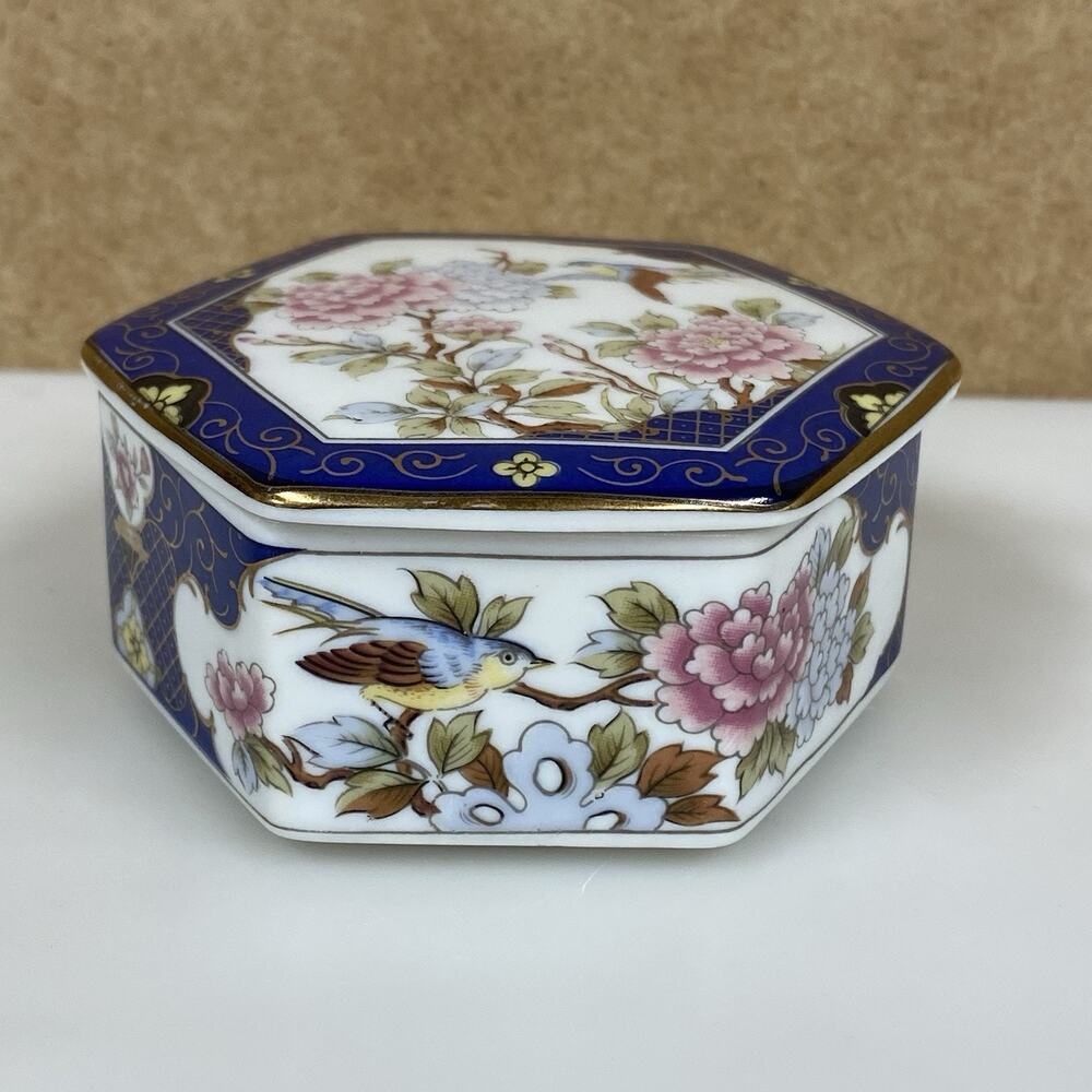 Vintage Porcelain Trinket Box Asahi Japan Birds Flowers Octagonal Ring Box